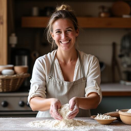 Founder Jane Dough smiling while dusting flour on a workbench.